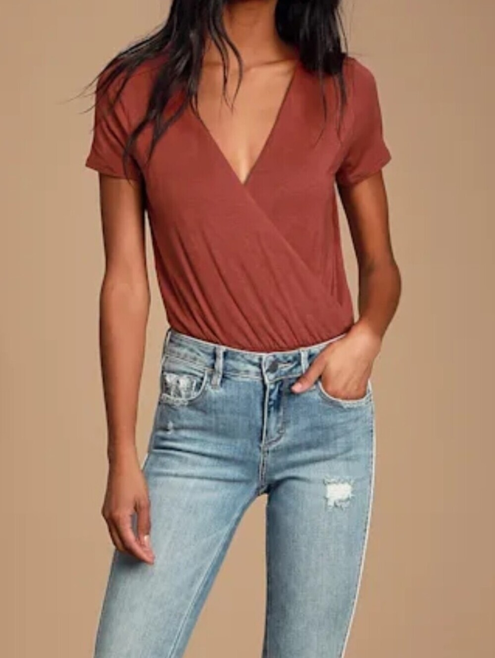 Lulus Marren Rust Red Short Sleeve Surplice Faux Wrap Bodysuit - Small - NWT! - Picture 7 of 13